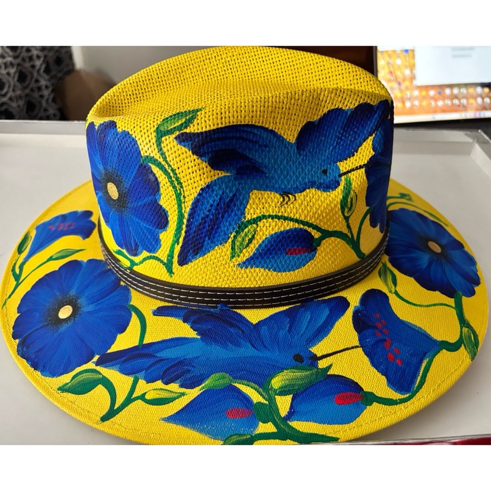 Mexican Hand Painted Yellow and Blue Floral Hat